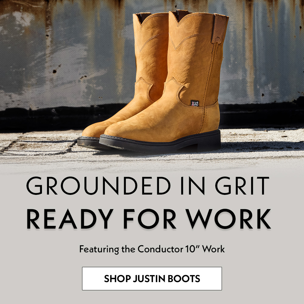 Grounded in grit. Ready for work. Featuring the Conductor 10&rdquo; Work. Shop Justin Boots. A pair of Justin boots in brown.